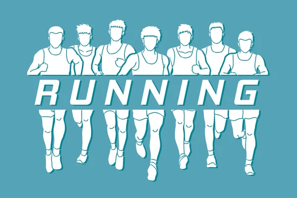 Corredores de maratón, Grupo de hombres corriendo con texto corriendo — Vector de stock