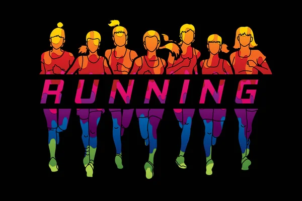 Maratona de corredores, Grupo de mulheres correndo com texto correndo —  Vetores de Stock