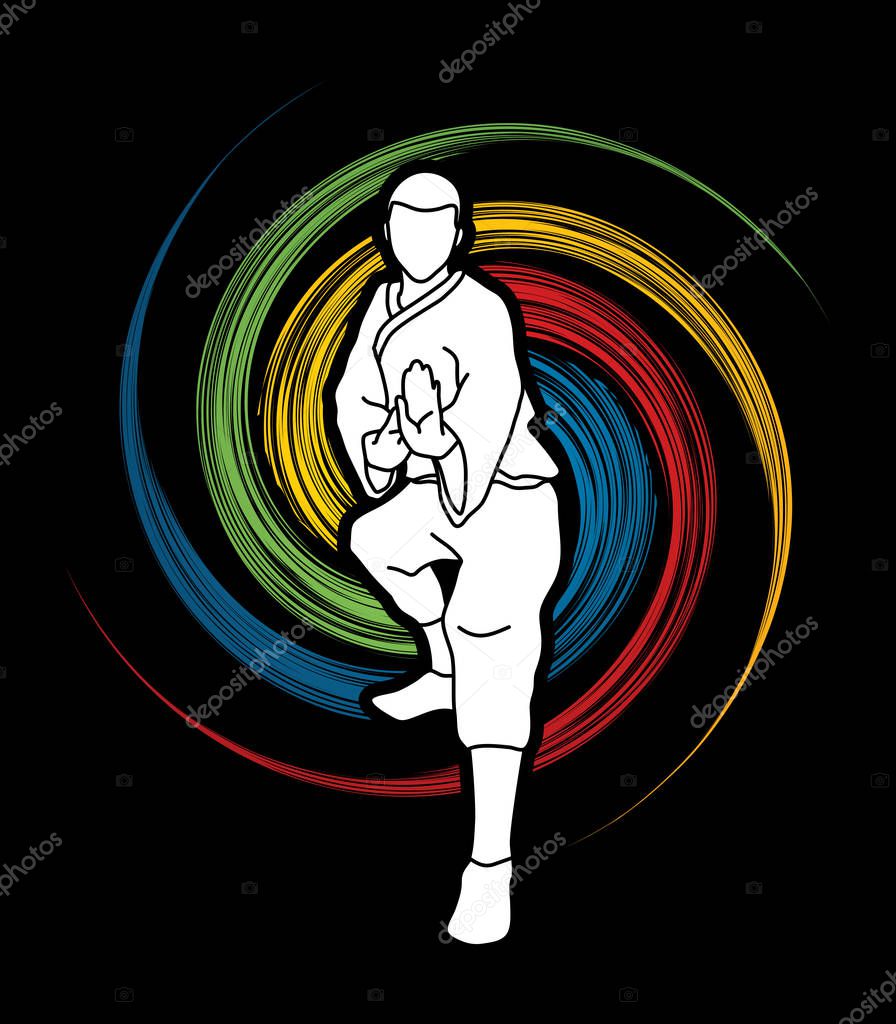 Kung fu action ready to fight front view designed on spin wheel background graphic vector.