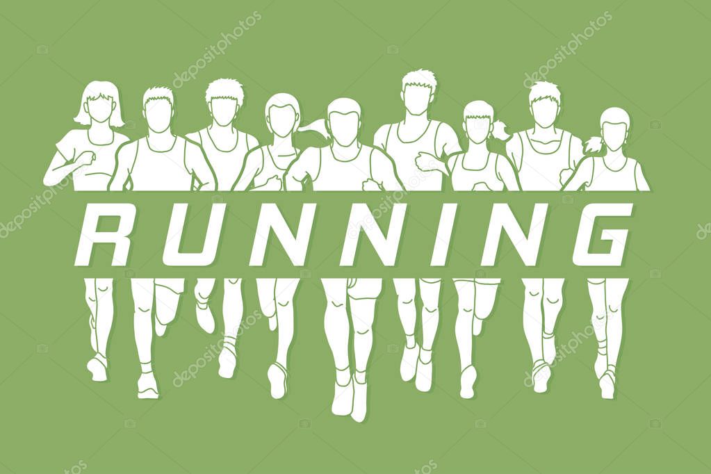 Marathon runners, Group of people running, Men and Women running with text running  