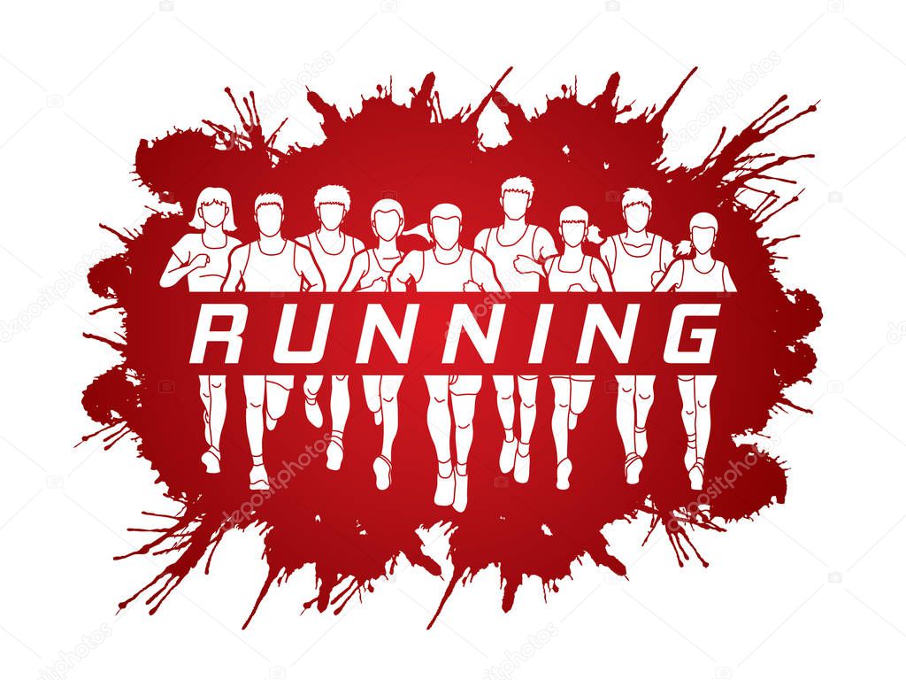 Marathon runners, Group of people running, Men and Women running with text running designed on splatter ink background graphic vector