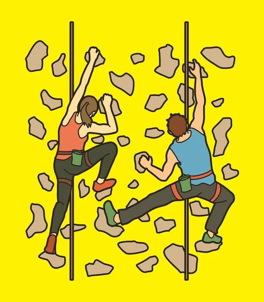 Hombre y mujer escalando juntos en la pared, Senderismo interior — Vector de stock