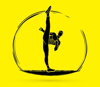 Kung fu, Karate yüksek tekme Önden Görünüm grafik vektör.