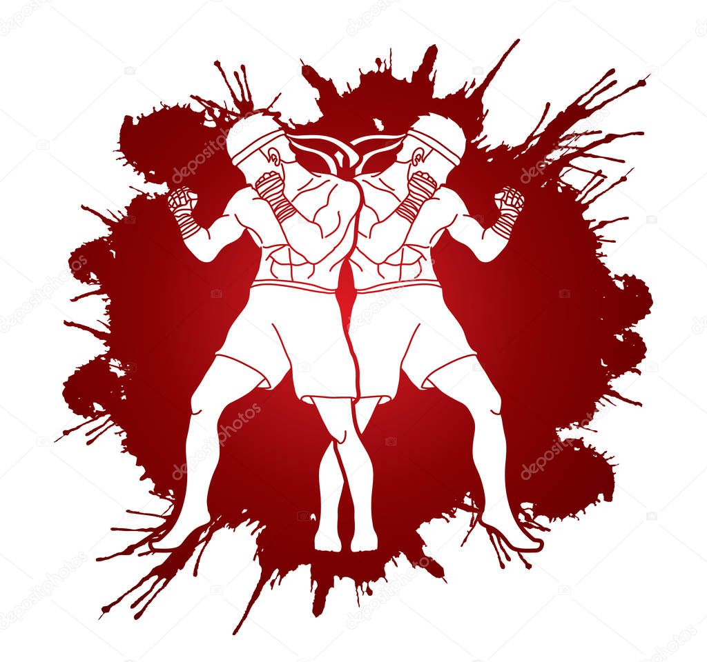 Muay Thai, Thai boxing standing ready to fight action designed on splatter blood graphic vector