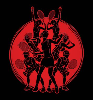 Tenis oyuncuları, kadınlar eylem grafik vektör.