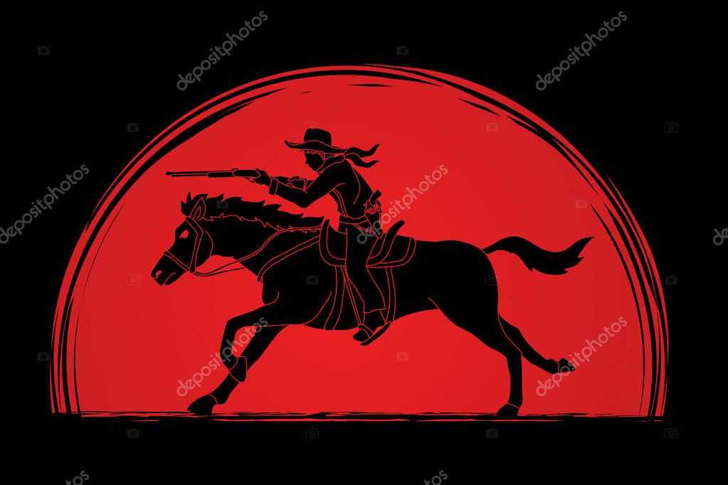 Cowboy riding horse, aiming rifle designed on sunlight background graphic vector