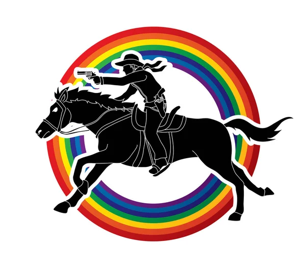Cowboy paardrijden paard, pogend pistool grafische vector — Stockvector