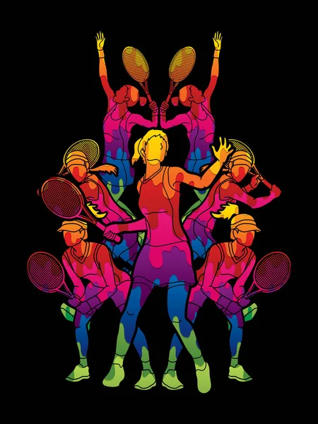 Joueuses de tennis, vecteur graphique d'action Femmes . — Image vectorielle