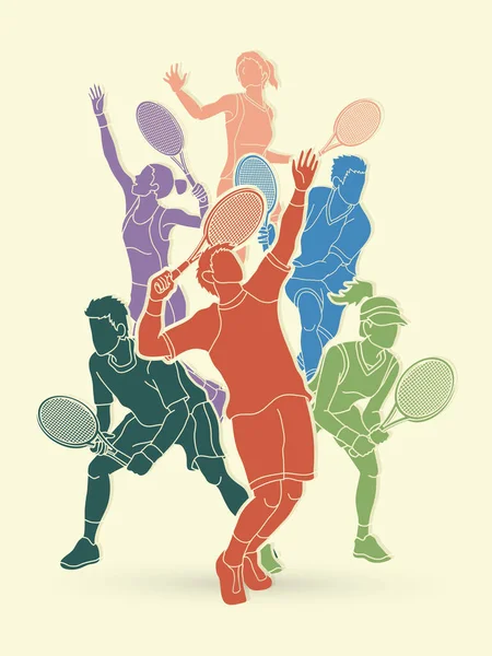Joueurs de tennis, vecteur graphique d'action Hommes et Femmes . — Image vectorielle