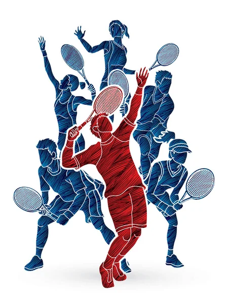 Tennisspieler, Männer und Frauen Action-Vektor. — Stockvektor