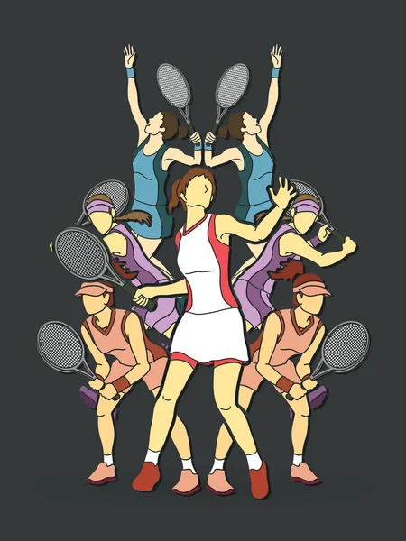 Joueuses de tennis, vecteur graphique d'action Femmes . — Image vectorielle