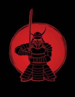 Samuray ayakta ön görünüm savaşmaya hazır güneş ışığı arka plan grafik vektör tasarlanmış.