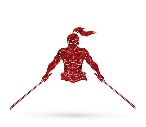 Samouraï Colère Debout Avec Des Épées Vue Face Conçu Aide — Image vectorielle
