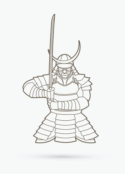 Samurai Pie Vista Frontal Listo Para Luchar Contorno Gráfico Vector — Archivo Imágenes Vectoriales