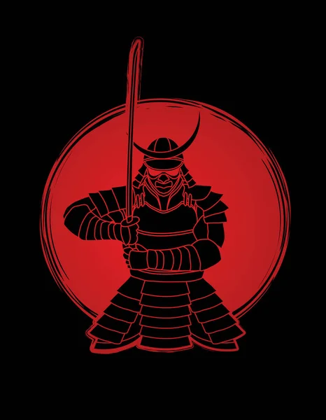 Samurai Standing Front View Ready Fight Designed Sunlight Background Graphic — Stock Vector