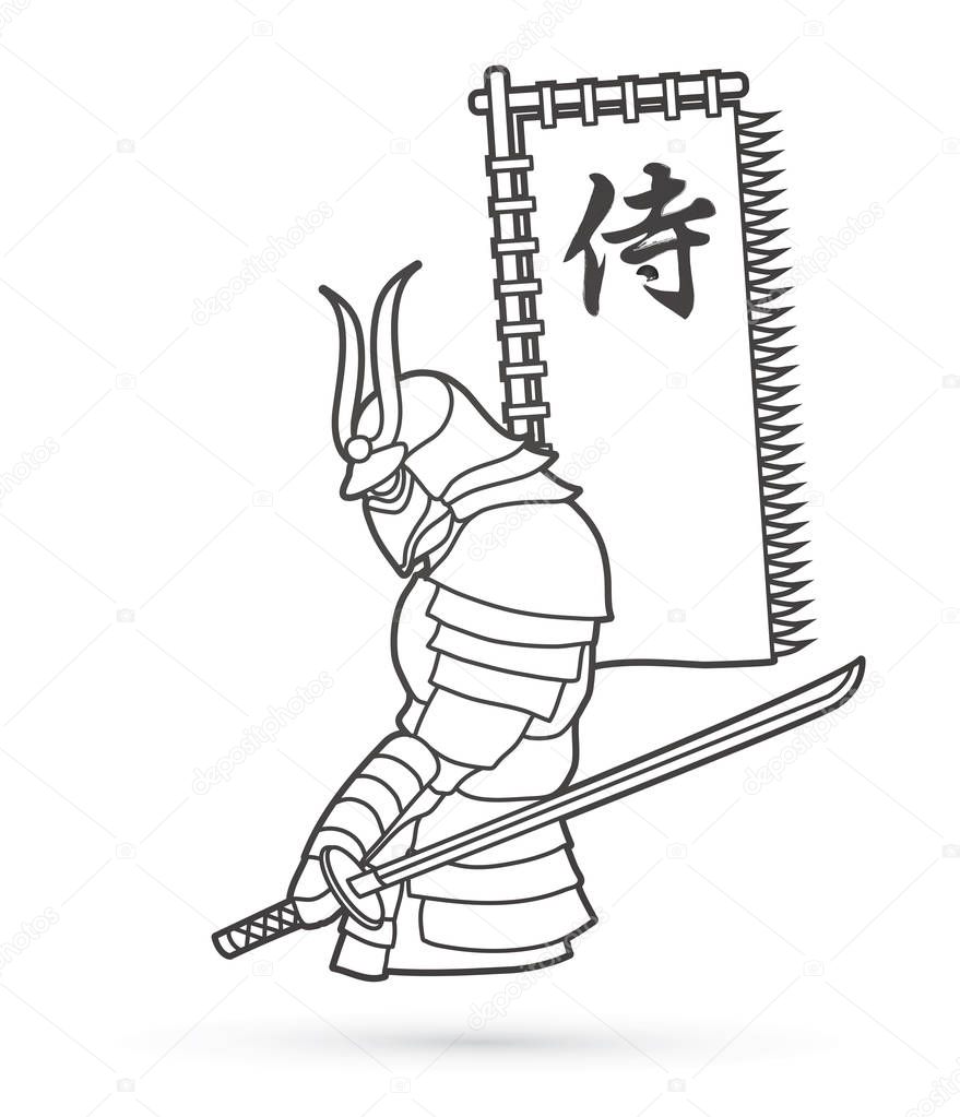 Samurai standing with sword and flag  samurai Japanese text outline graphic vector.