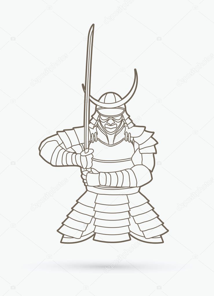 Samurai standing front view ready to fight outline graphic vector.