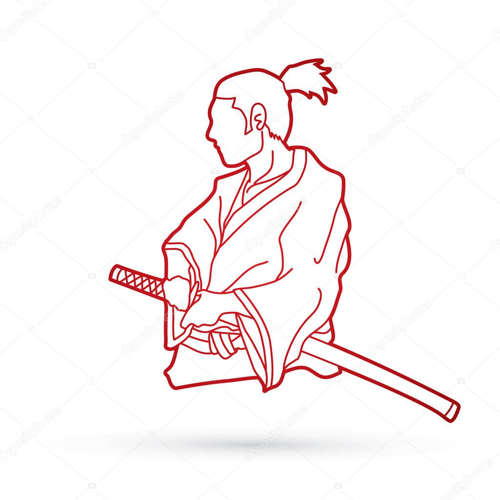 Samurai ready to fight action outline graphic vector