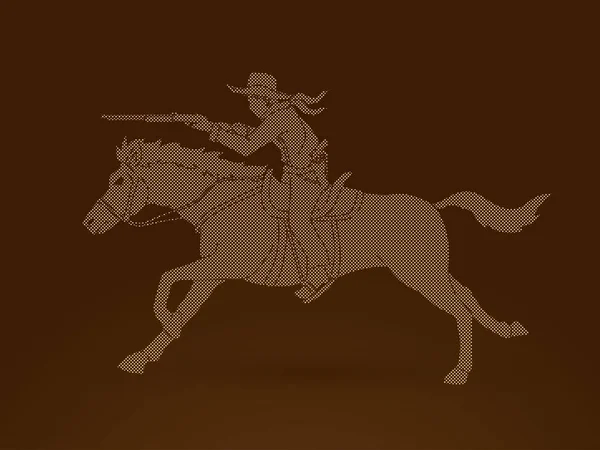 Cowboy Caballo Caballo Apuntando Pistola Rifle Diseñado Utilizando Puntos Píxeles — Vector de stock