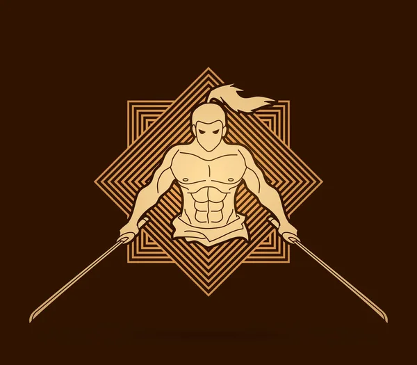 愤怒的武士站在剑前视图线正方形背景图形矢量设计 — 图库矢量图片