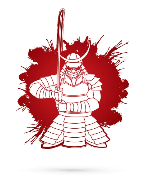 Samurai Seisoo Edessä Näkymä Valmis Taistelemaan Suunniteltu Roiske Veren Tausta — vektorikuva