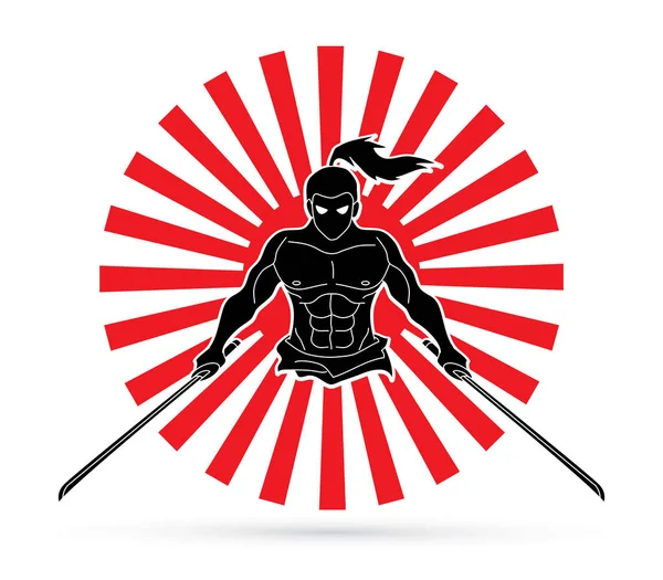 Samurai Arrabbiato Piedi Con Spade Vista Frontale Sfondo Sole Vettore — Vettoriale Stock