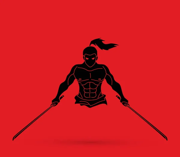 Angry Samurai Pie Con Espadas Vista Frontal Vector Gráfico — Vector de stock