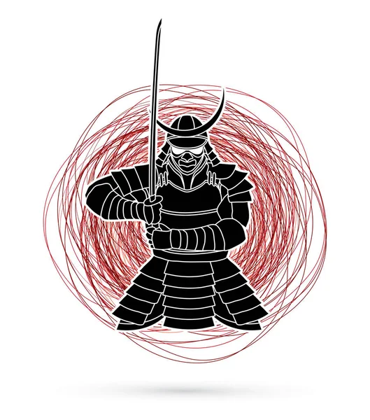 Samurai Piedi Vista Frontale Pronto Combattere Progettato Linea Confusa Vettore — Vettoriale Stock