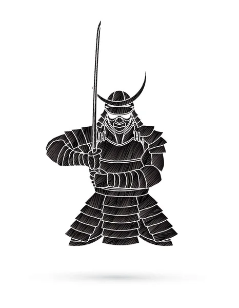 Samurai Piedi Vista Frontale Pronto Combattere Progettato Utilizzando Pennello Nero — Vettoriale Stock