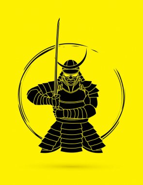 Samurai standing front view ready to fight graphic vector. clipart