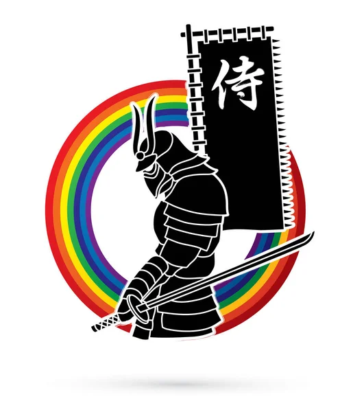 Samouraï Debout Avec Épée Drapeau Samouraï Texte Japonais Conçu Ligne — Image vectorielle