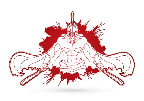 Сердитий Спартанський Воїн Мечами Розроблений Розсипаному Графічному Векторі Крові — стоковий вектор