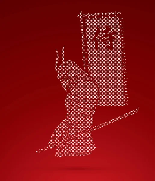 Samouraï Debout Avec Épée Drapeau Samouraï Texte Japonais Conçu Aide — Image vectorielle