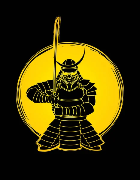 Samurai Pie Vista Frontal Listo Para Luchar Diseñado Luz Luna — Vector de stock