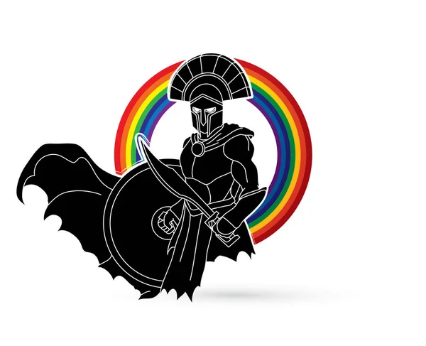 Angry Spartan Warrior Sword Shield Designed Line Rainbow Background Graphic — Stock Vector