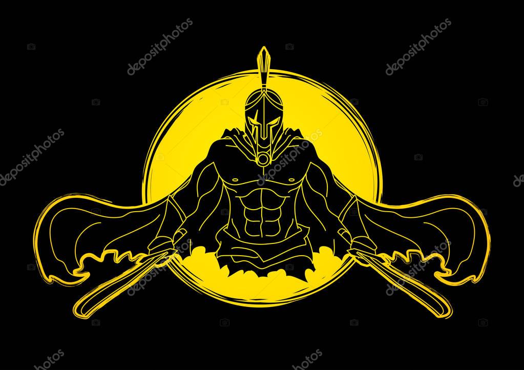 Angry Spartan warrior with Swords  designed on grunge cycle background graphic vector.
