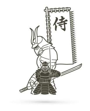 Bayrak Japonca yazı tipi ile 2 samurai kompozisyon demek samuray anahat karikatür grafik vektör