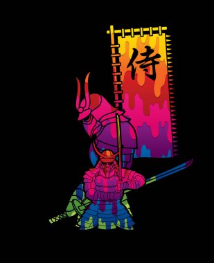 2 Samurai composition with flag Japanese font mean Samurai designed using colorful, cartoon graphic vector clipart