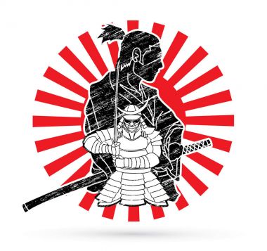 2 samurai kompozisyon güneş ışığı arka plan grafik vektör tasarlanmış karikatür savaşmaya hazır