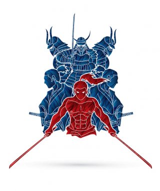 Samuray, grunge fırça karikatür grafik vektör kullanılarak tasarlanmış eylem savaşmaya hazır grup