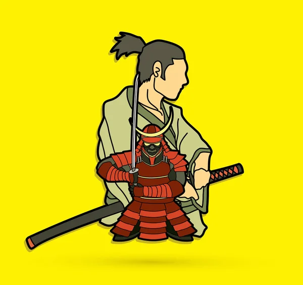 Samurai Kompozisyon Karikatür Grafik Vektör Savaşmaya Hazır — Stok Vektör