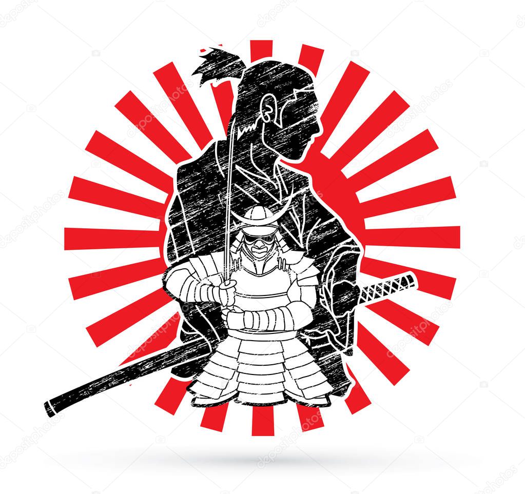 2 Samurai composition ready to fight cartoon designed on sunlight background graphic vector