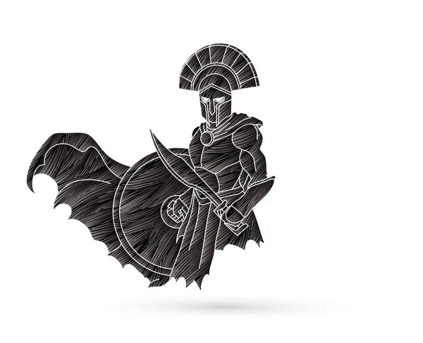 剣と盾のグランジ ブラシ グラフィック ベクトルを使用して設計されて怒っているスパルタ戦士 — ストックベクタ