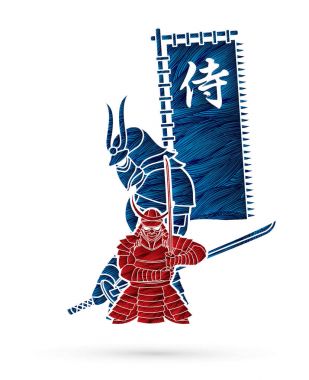 Bayrak Japonca yazı tipi ile 2 samurai kompozisyon demek grunge fırça grafik vektör kullanılarak tasarlanmış samuray çizgi film