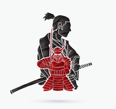 Grunge fırça grafik vektör kullanılarak tasarlanmış 2 samurai kompozisyon karikatür