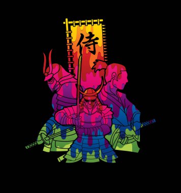 Bayrak Japonca yazı tipi ile 3 samuray kompozisyon demek renkli grafik vektör kullanılarak tasarlanmış samuray