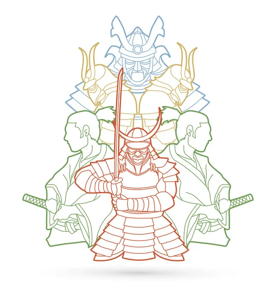 Samurai Listo Para Luchar Contra Composición Contorno Gráfico Vector — Vector de stock