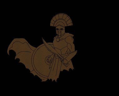 Kılıç ve kalkan noktalar piksel grafik vektör kullanarak tasarlanmış kızgın Spartalı savaşçı.