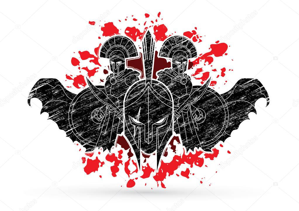 Roman or Greek Helmet , Spartan Helmet, and Angry Warrior composition designed on splatter blood background graphic vector