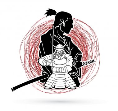 Grunge kontur arka plan grafik vektör tasarlanmış 2 samurai kompozisyon karikatür